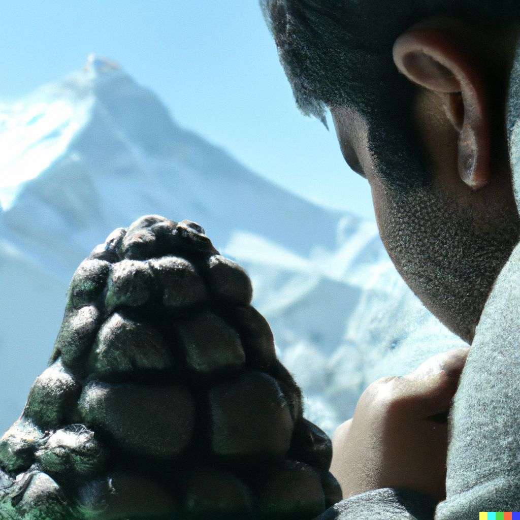 someone gazing at Mount Everest, sculpture